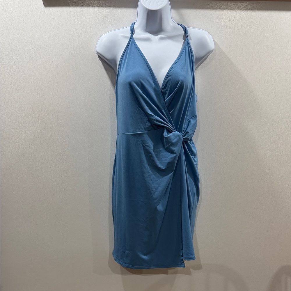 BCBGeneration Dusty Blue Twist-Front Halter Swim Coverup